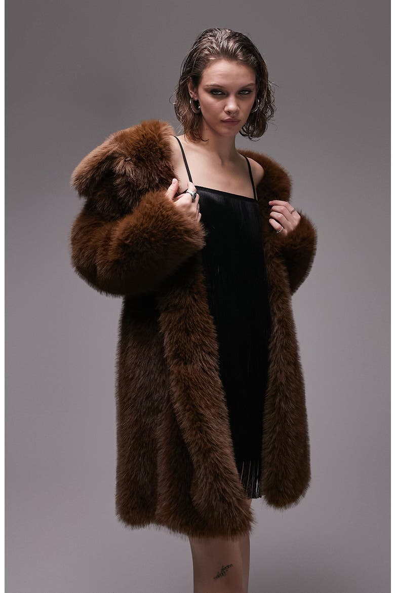 Faux Fur Longline Coat, Main, color, BROWN