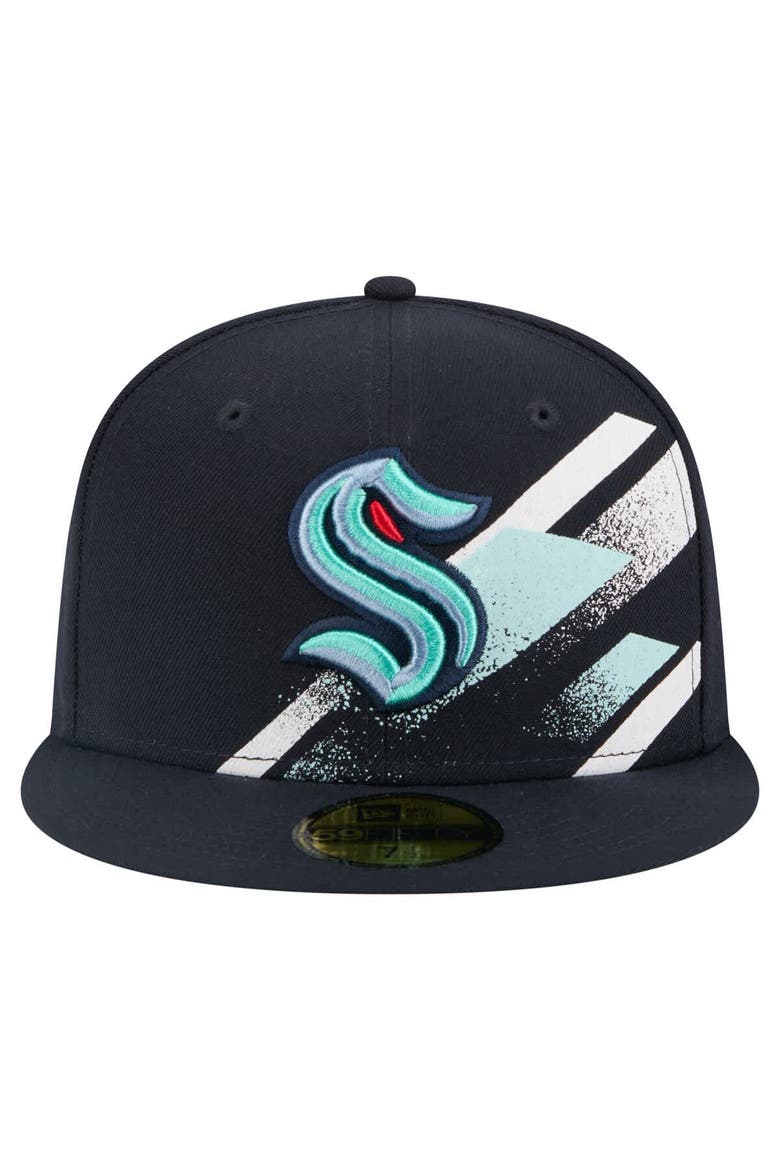 Men's New Era Deep Sea Blue Seattle Kraken Faded Lines 59FIFTY Fitted Hat, Alternate, color, Navy