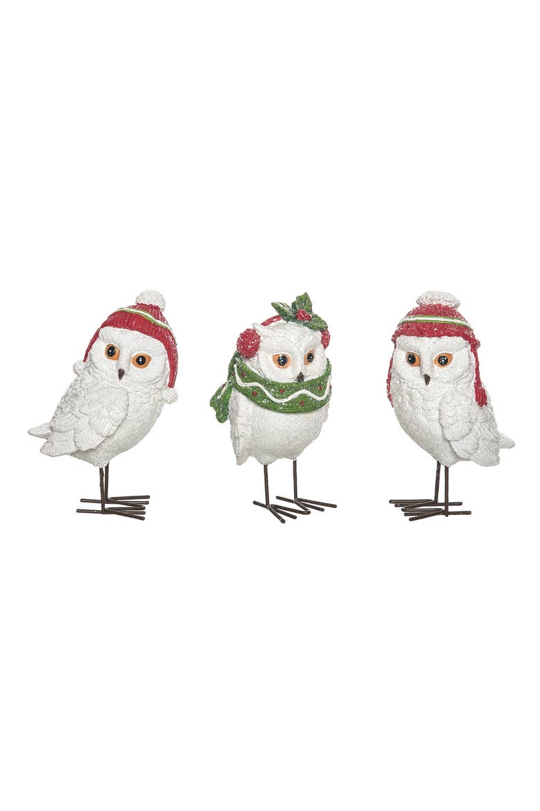 Resin Winter Owl Figurine Set of Three Christmas Decor, Main, color, Multicolored