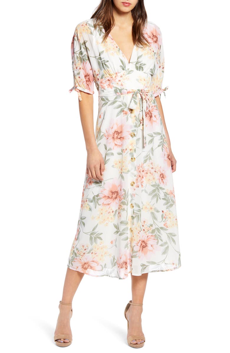 June & Hudson Floral V-Neck Tie Front Dress, Main, color, 