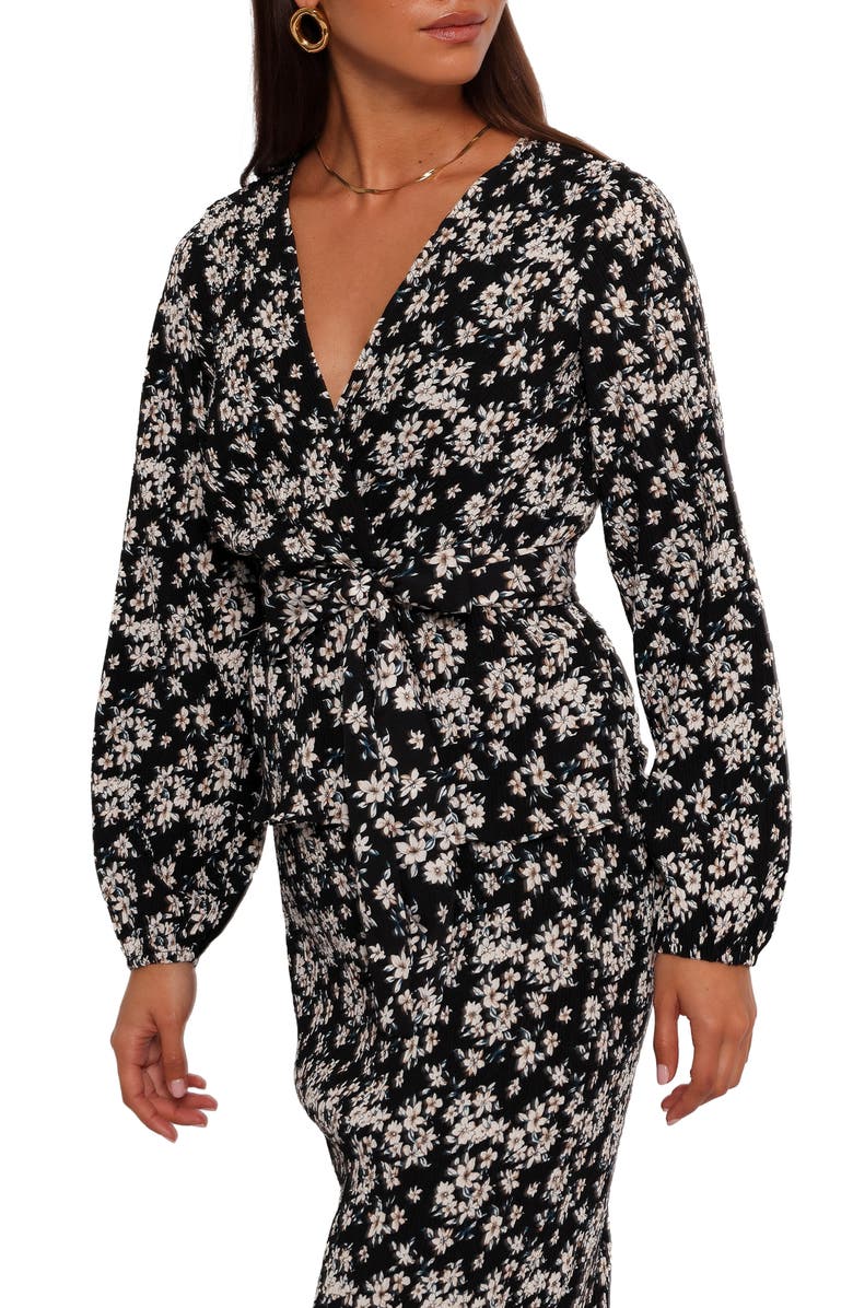Petal & Pup Minelli Floral Print Faux Wrap Top, Alternate, color, Black/ White Floral