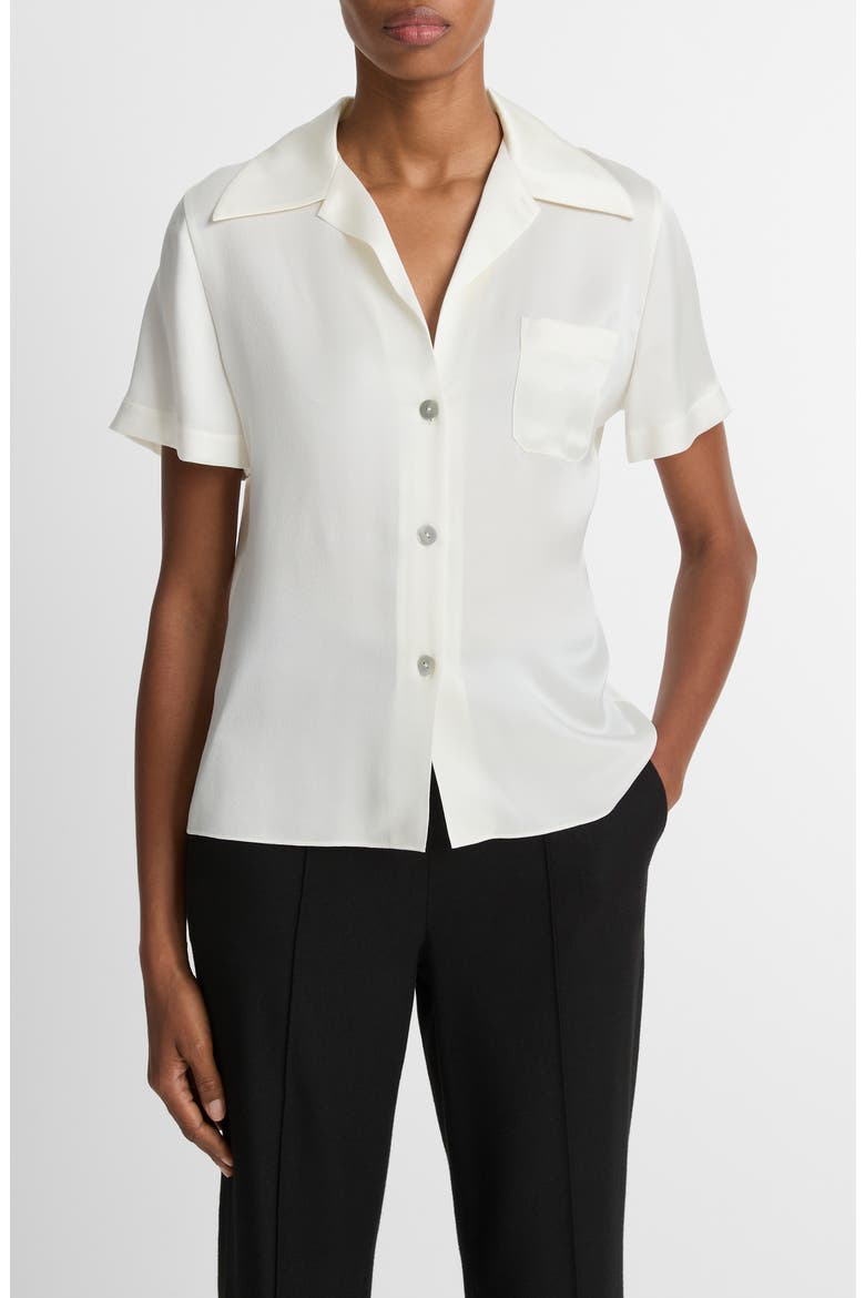 Short Sleeve Silk Button-Up Shirt, Main, color, OFF WHITE