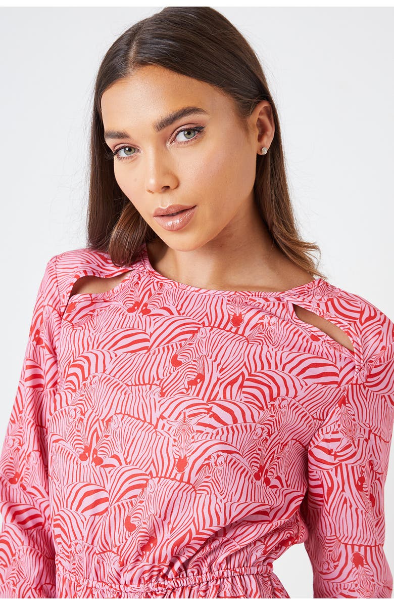 CREEA the Label Cutout Padded Shoulder Print Mini Dress, Alternate, color, 