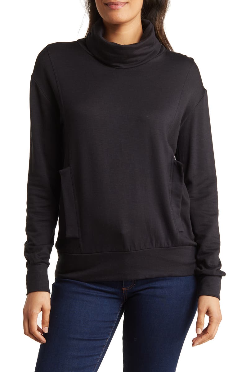 GO COUTURE Turtleneck Banded Sweater, Main, color, Black Print 1