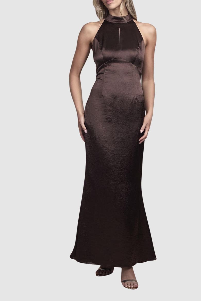 Satin Halter Maxi Bridesmaid Dress, Alternate, color, Chocolate