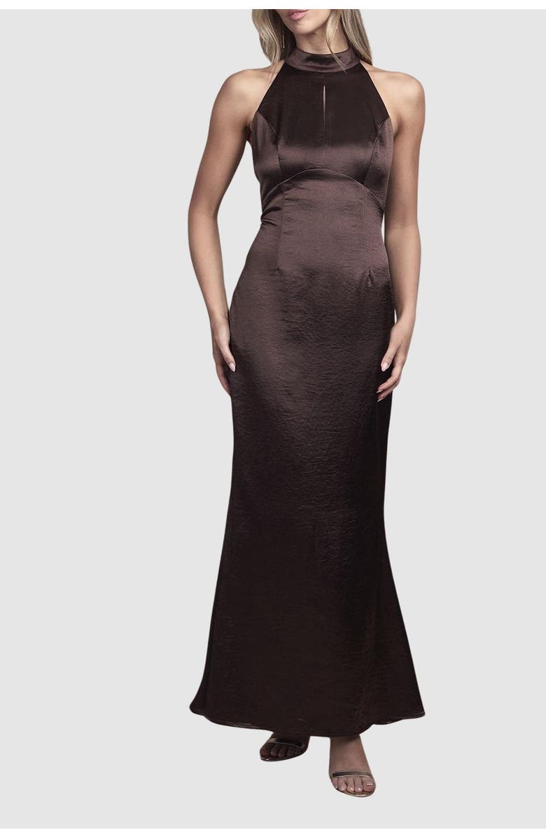 Coast Satin Halter Maxi Bridesmaid Dress, Alternate, color, Chocolate