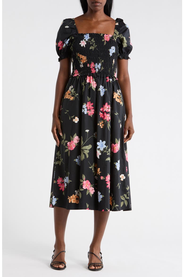 Square Neck Poplin Midi Dress, Main, color, BLACK GARDEN FLORAL