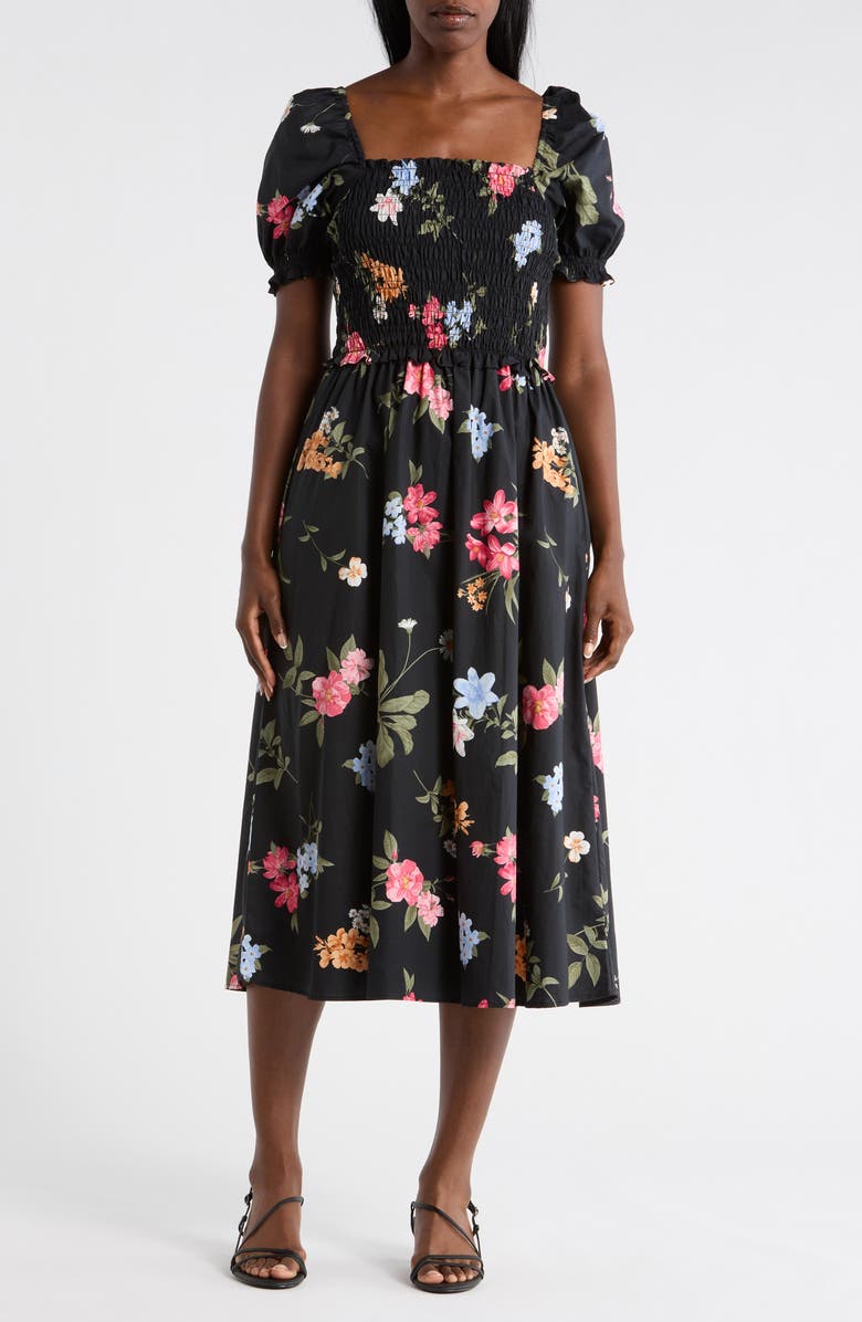 Ellen Tracy Square Neck Poplin Midi Dress, Main, color, Black Garden Floral