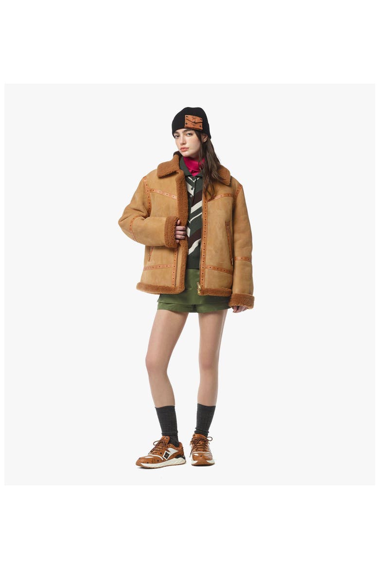 Jacket in Suede Shearling and Monogram Print Leather, Alternate, color, Cognac