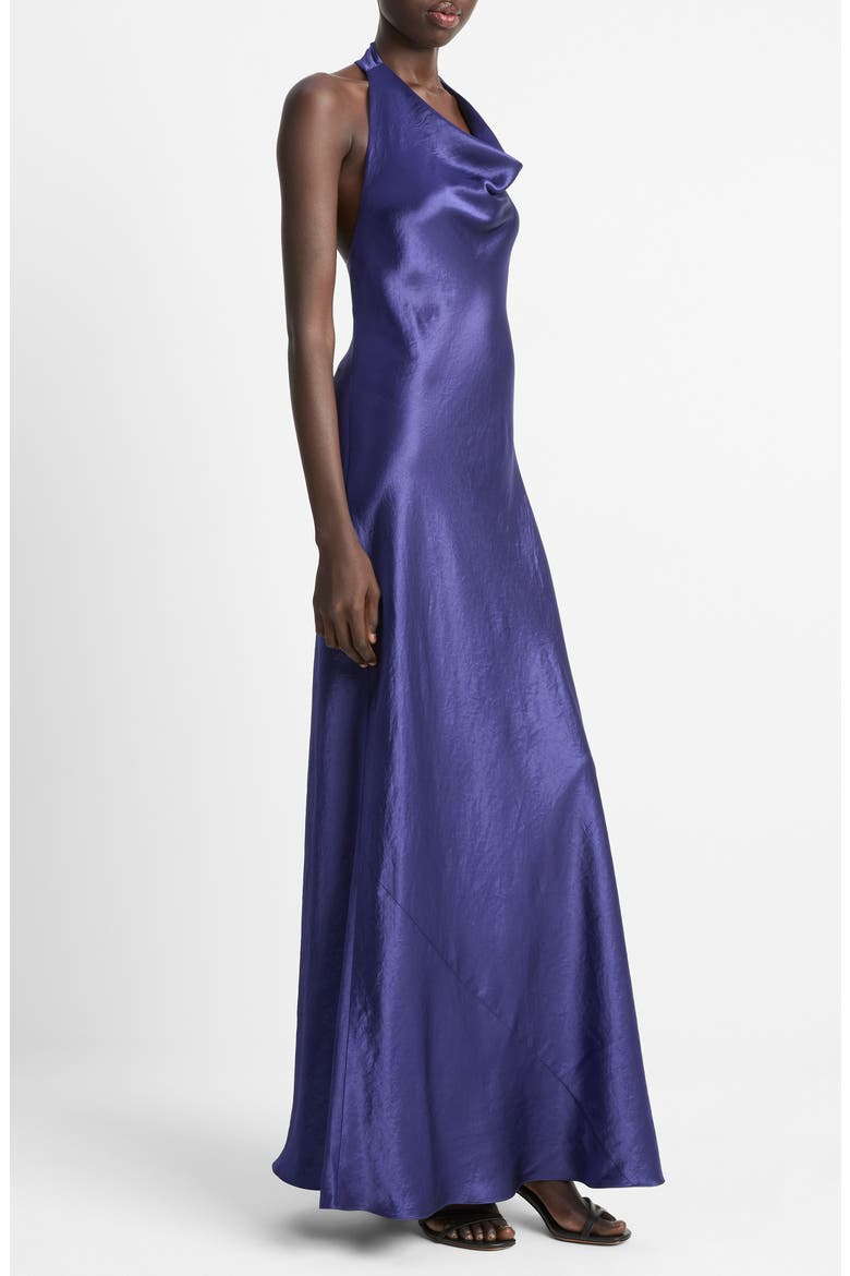 Cowl Neck Satin Halter Dress, Alternate, color, DEEP IRIS