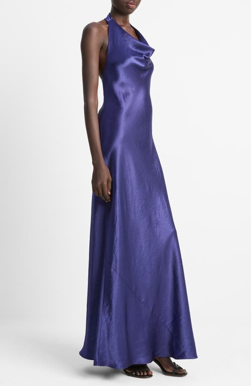 Vince Cowl Neck Satin Halter Dress In Purple