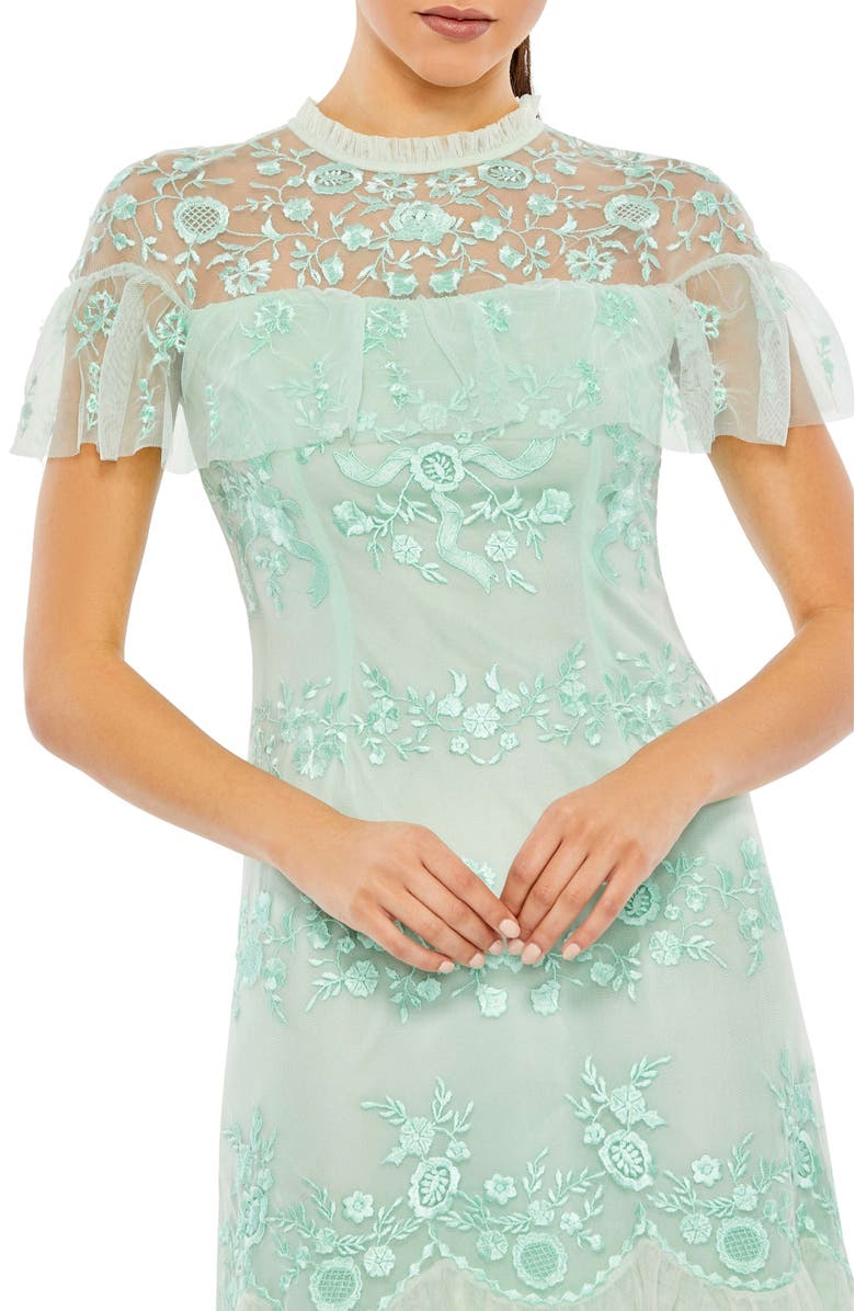 Mac Duggal Embroidered Ruffled Cap Sleeve Midi Dress, Alternate, color, Mint