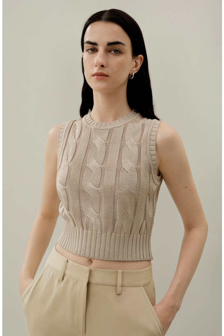 Women's Cable Knit Tussah Silk Cropped Top, Alternate, color, Beige