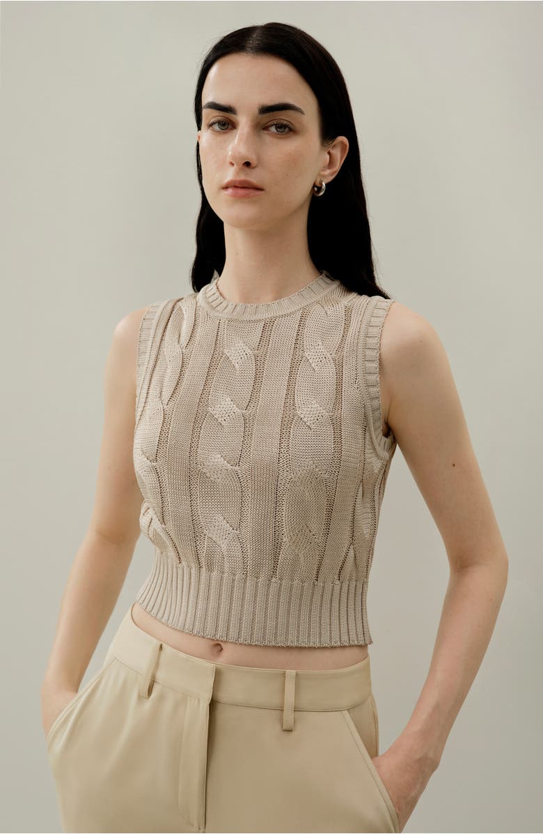 Lilysilk Cable Knit Tussah Silk Cropped Top, Alternate, color, Beige