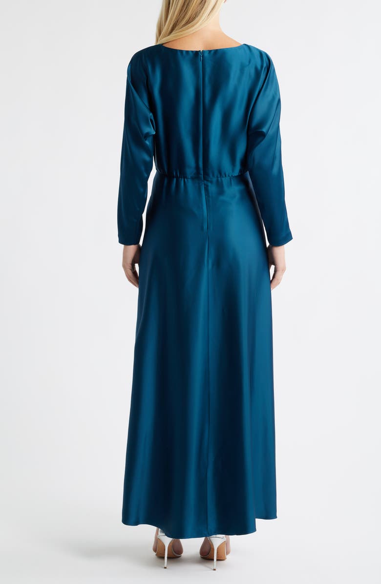 Julia Jordan Ruched Detail Long Sleeve Satin Gown, Alternate, color, Teal