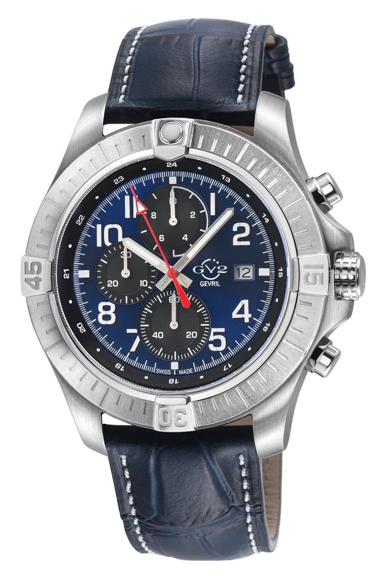 T38 Chronograph Croc Embossed Leather Strap Watch, 45mm, Main, color, BLUE