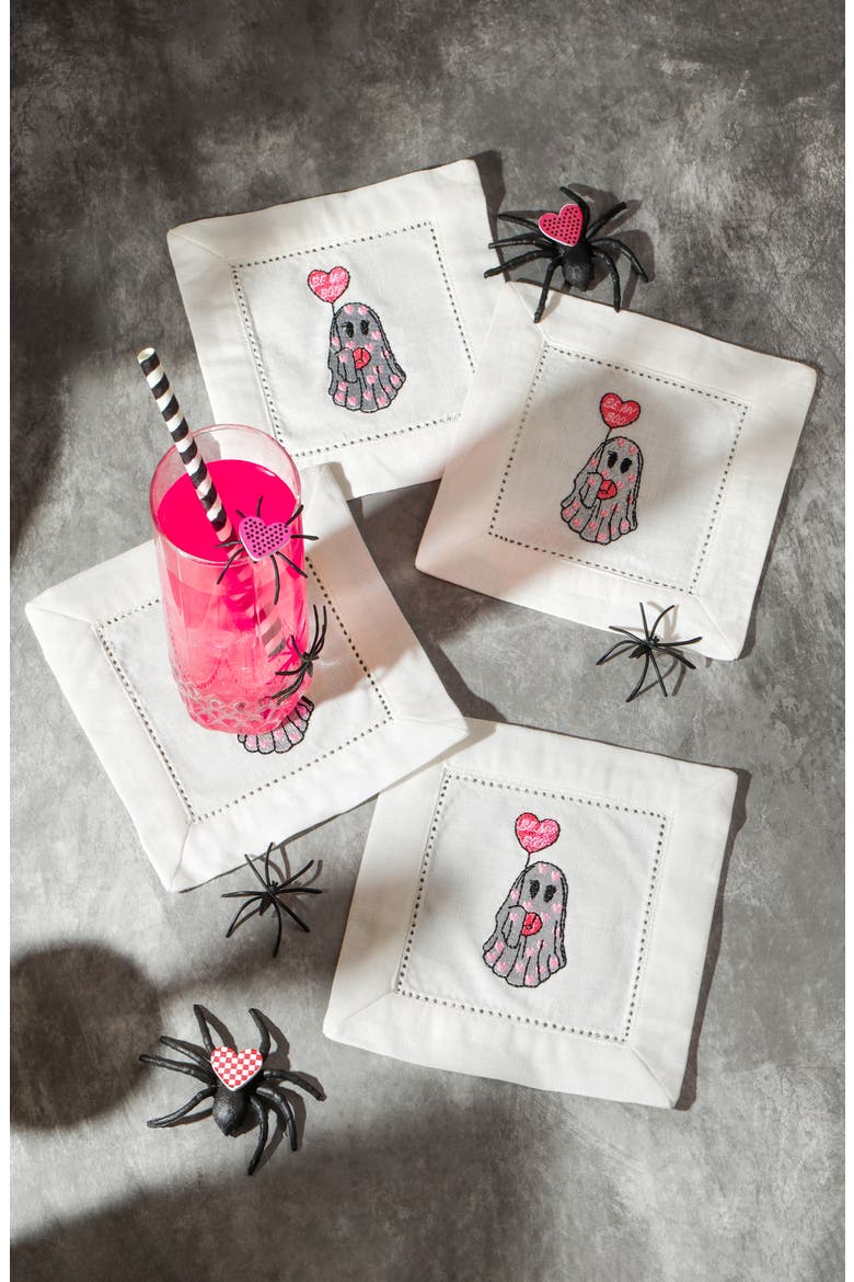 Sweetheart Spirt Embroidered Linen Cocktail Napkins, Alternate, color, WHITE/ PINK