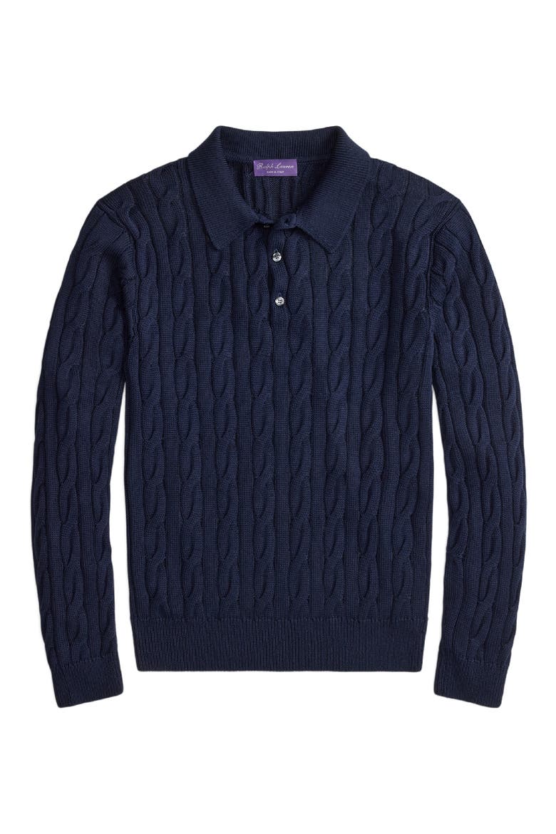 Cable Stitch Long Sleeve Cotton & Mulberry Silk Polo Sweater, Alternate, color, CLASSIC CHAIRMAN NAVY