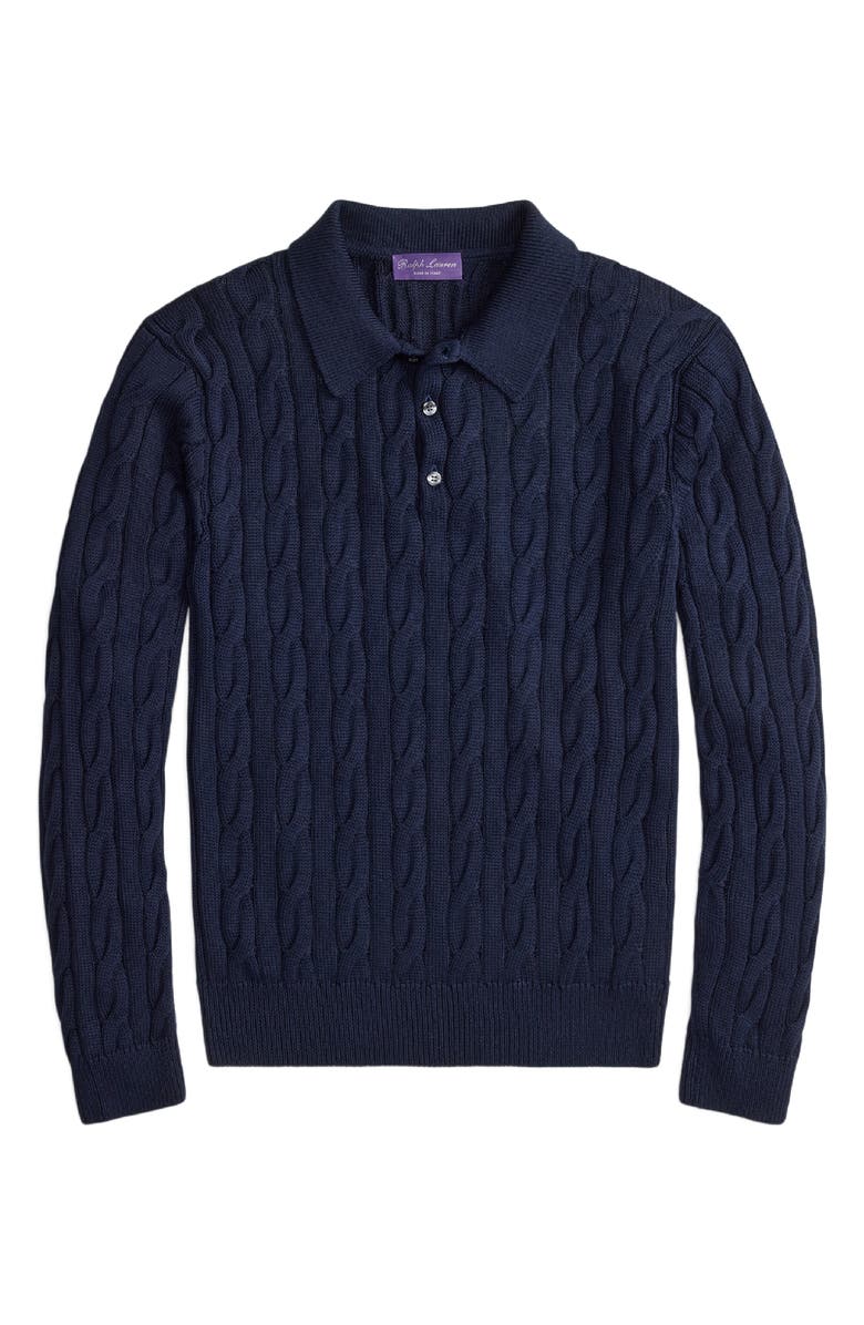 Ralph Lauren Purple Label Cable Stitch Long Sleeve Cotton & Mulberry Silk Polo Sweater, Alternate, color, Classic Chairman Navy