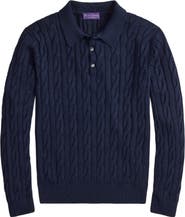 Ralph Lauren Purple Label Cable Stitch Long Sleeve Cotton & Mulberry Silk Polo Sweater