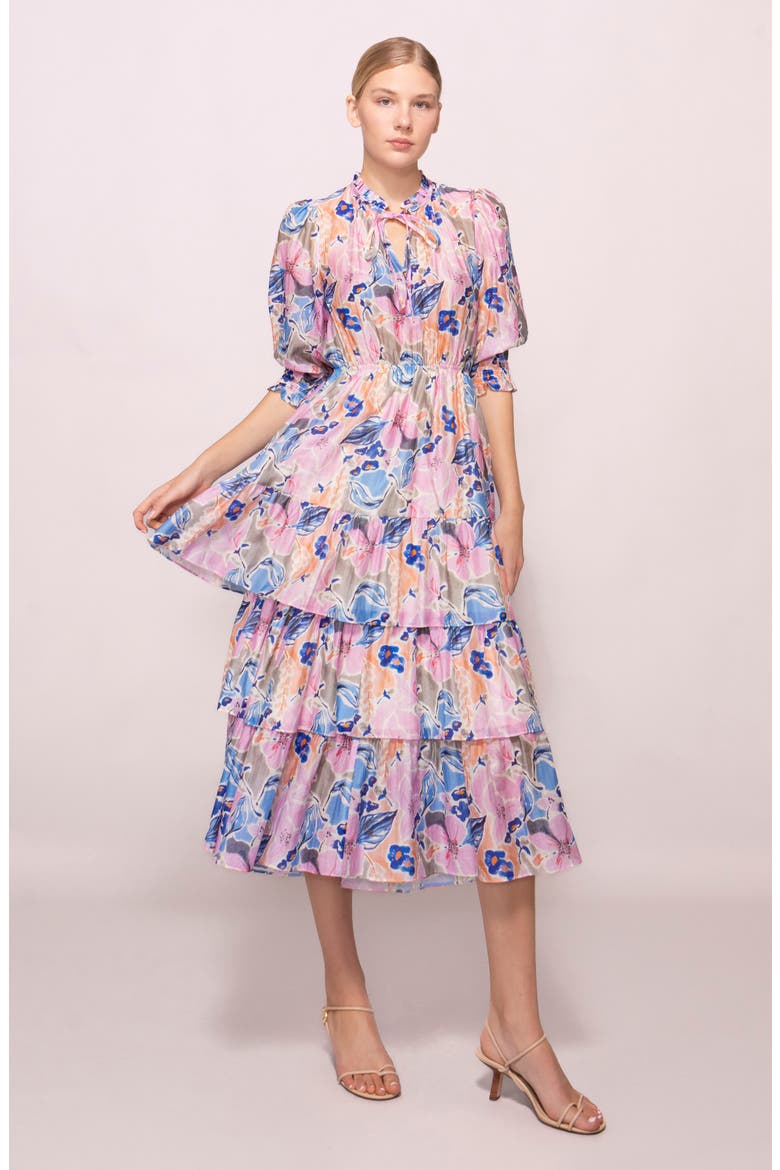 Printed Tiered Midi Dress, Alternate, color, PINK BLUE