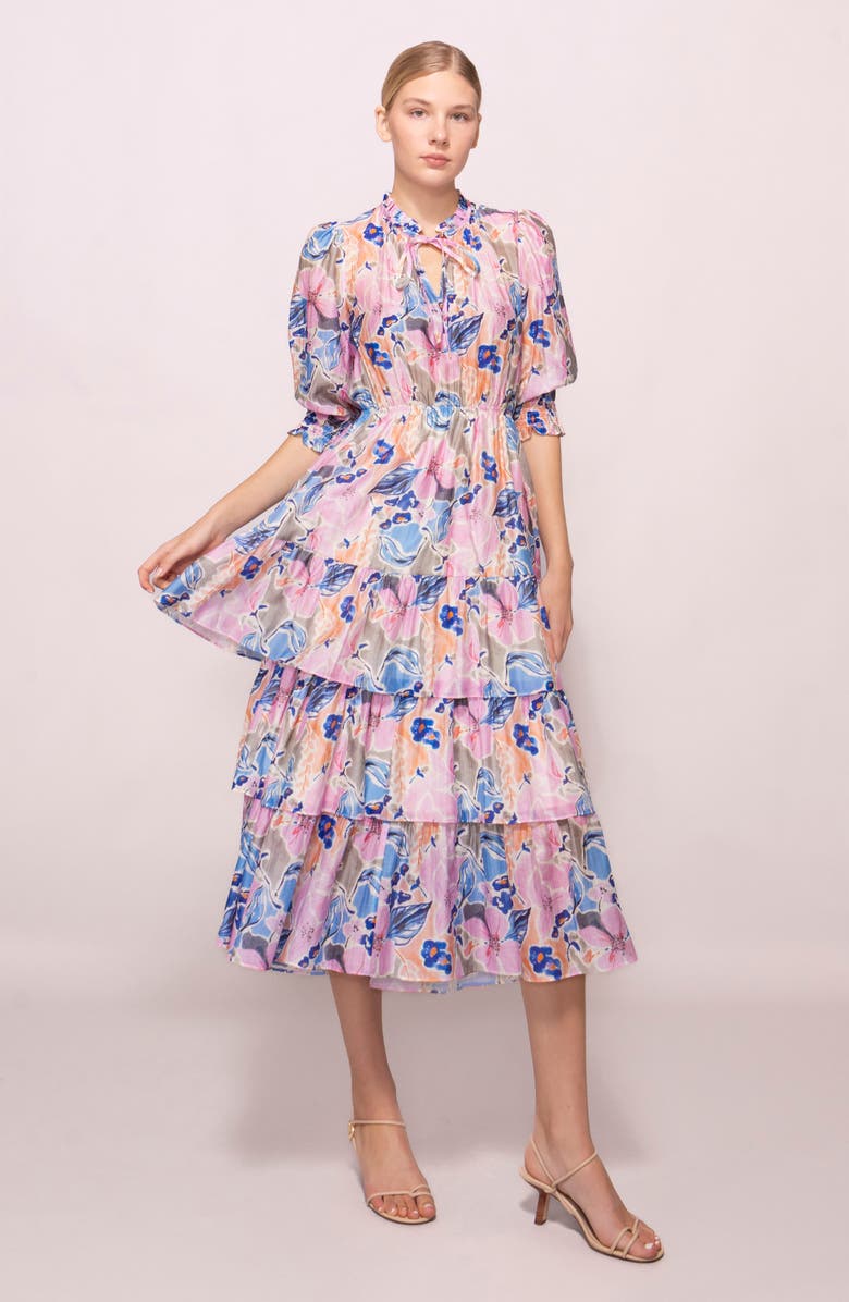 MELLODAY Printed Tiered Midi Dress, Alternate, color, Pink Blue