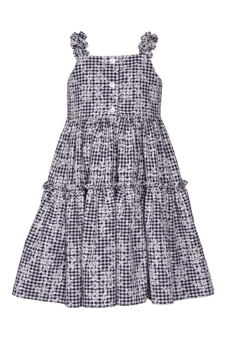 Kids' Floral Embroidered Gingham Tiered Sundress, Alternate, color, BLACK/ WHITE