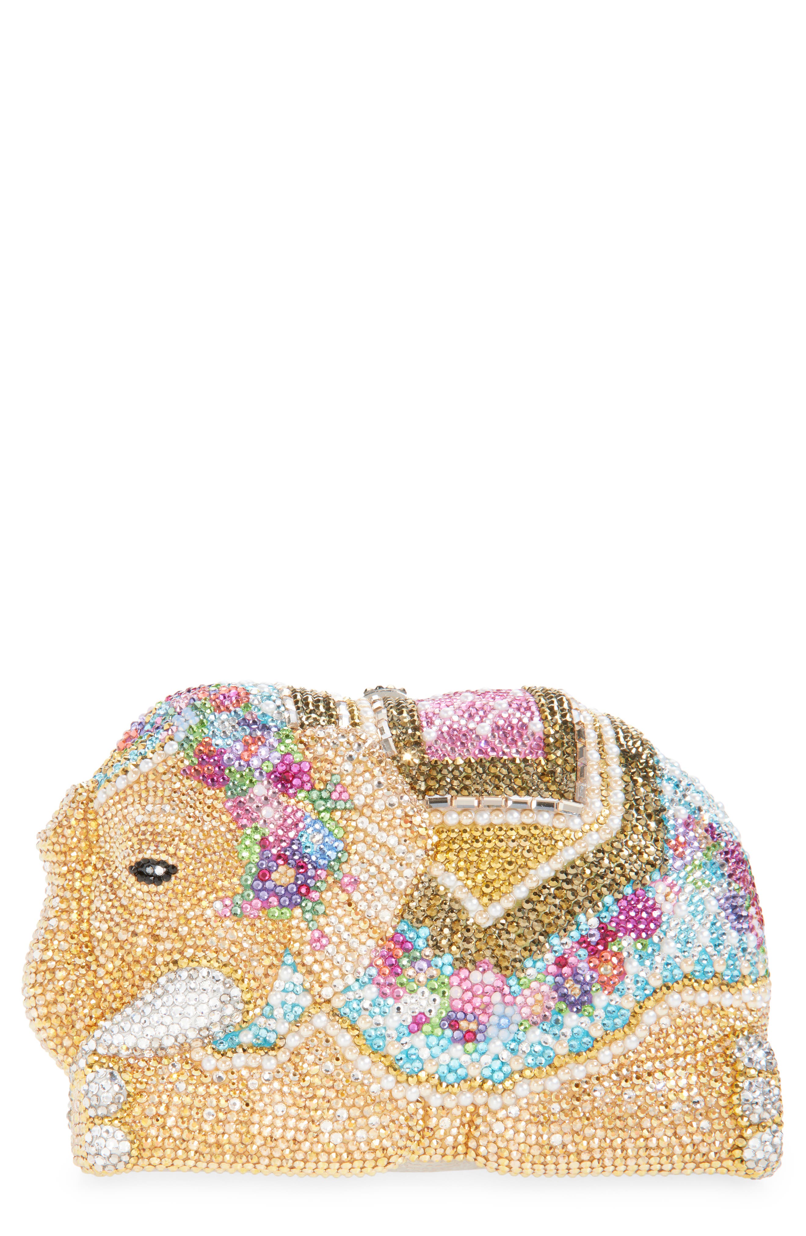 JUDITH LEIBER COUTURE Elephant Crystal Embellished Clutch, Main, color, Silver Sunrise Mult