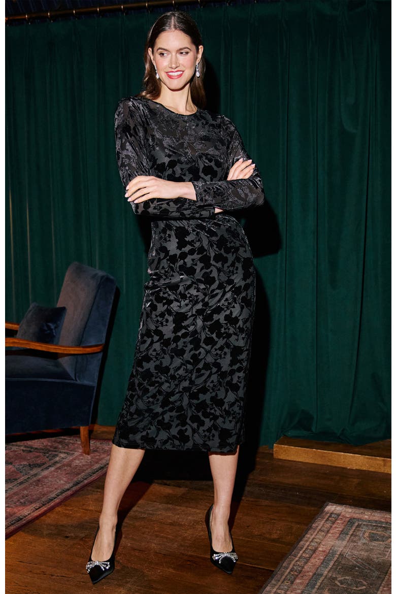 Burnout Floral Velvet Midi Dress, Alternate, color, Black