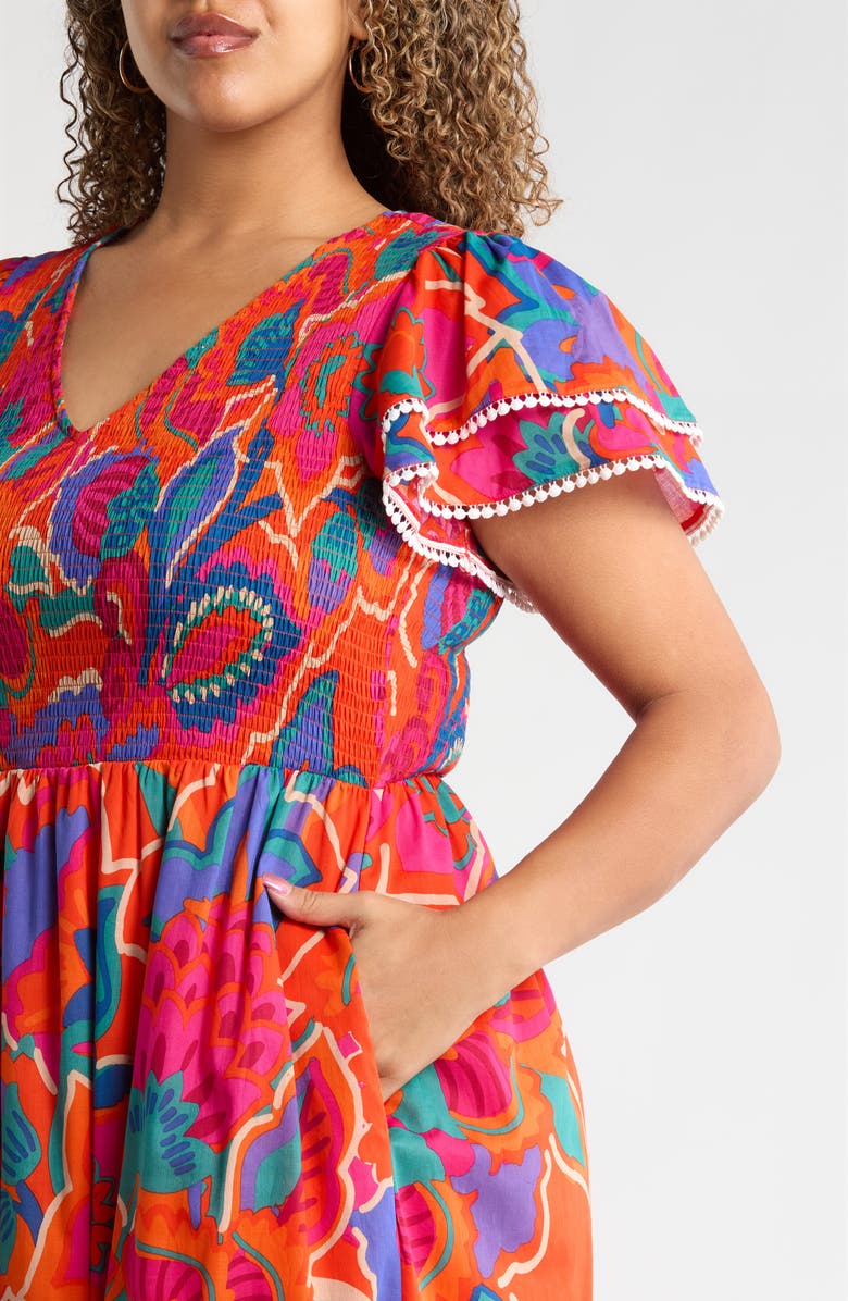 SUGARLIPS Ranchero Sunfire Floral Tiered Midi Dress, Alternate, color, Red-Multi