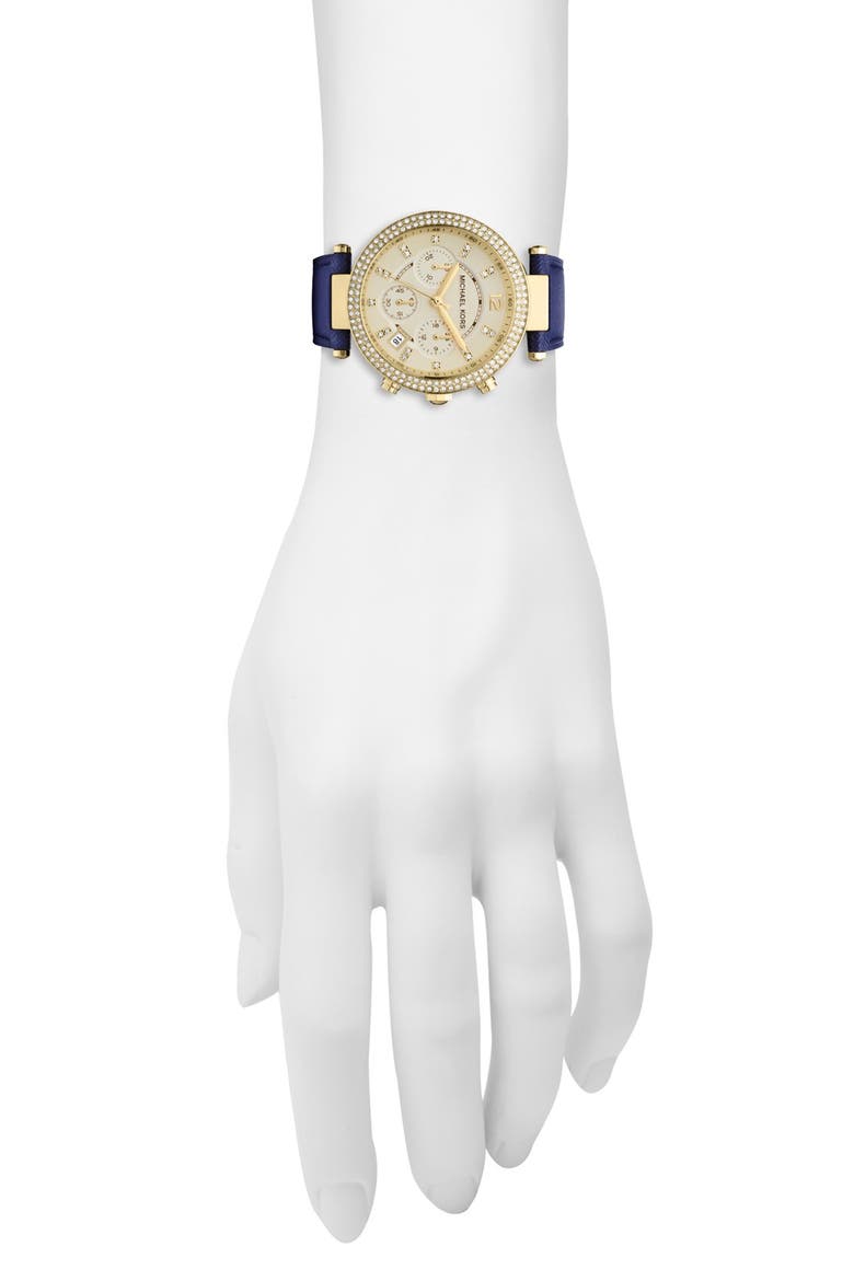 Michael Kors 'Parker' Chronograph Leather Watch, 39mm, Alternate, color, NAVY/ GOLD