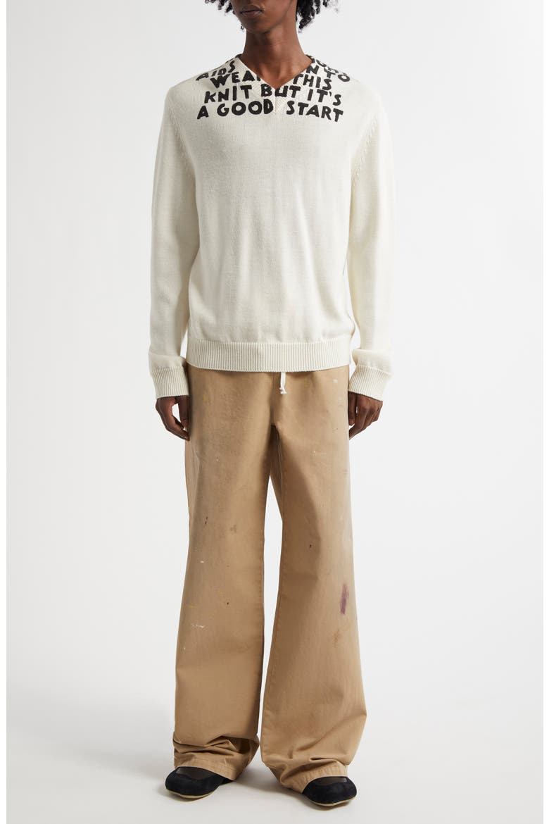 Virgin Wool Blend V-Neck Sweater, Alternate, color, OFF WHITE-BLACK