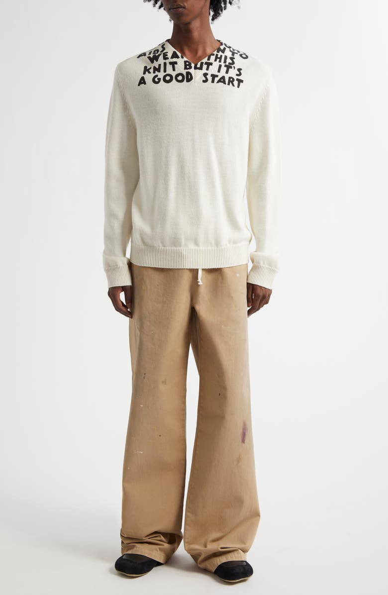 MM6 Maison Margiela Virgin Wool Blend V-Neck Sweater, Alternate, color, Off White-Black