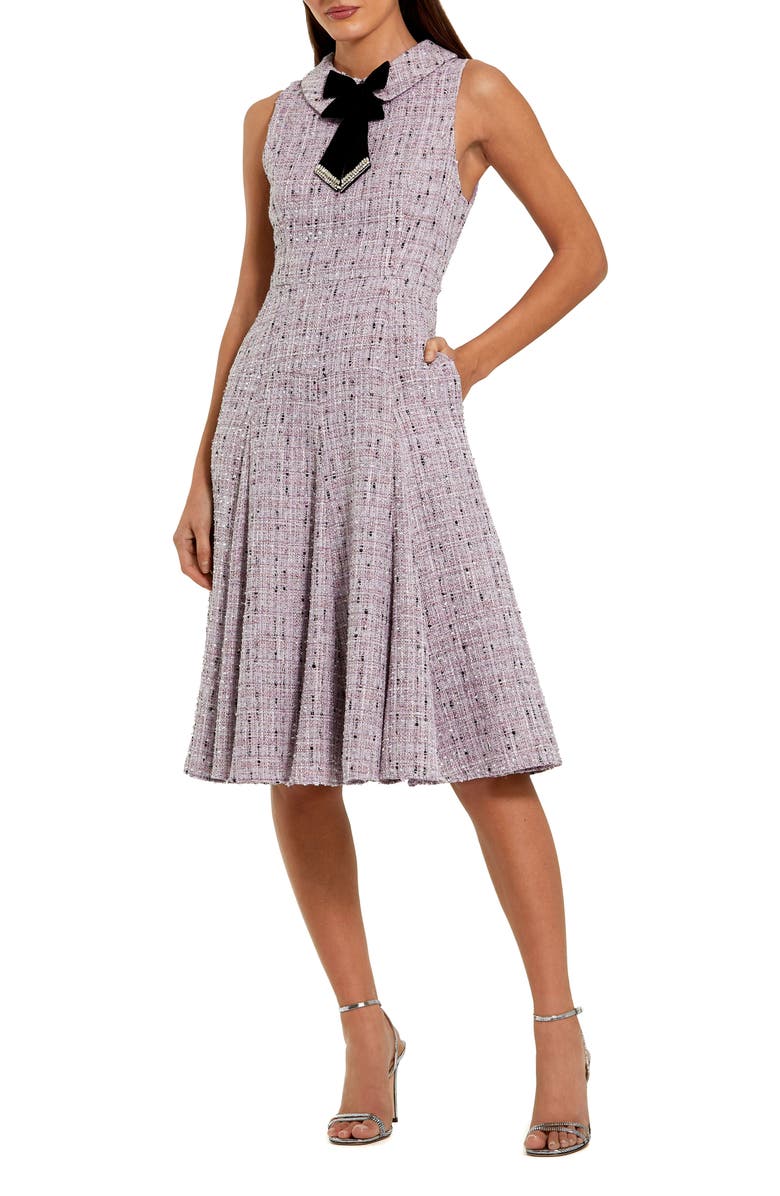 Mac Duggal Sleeveless Boucle A-Line Midi Dress With Bow, Main, color, Lilac Multi