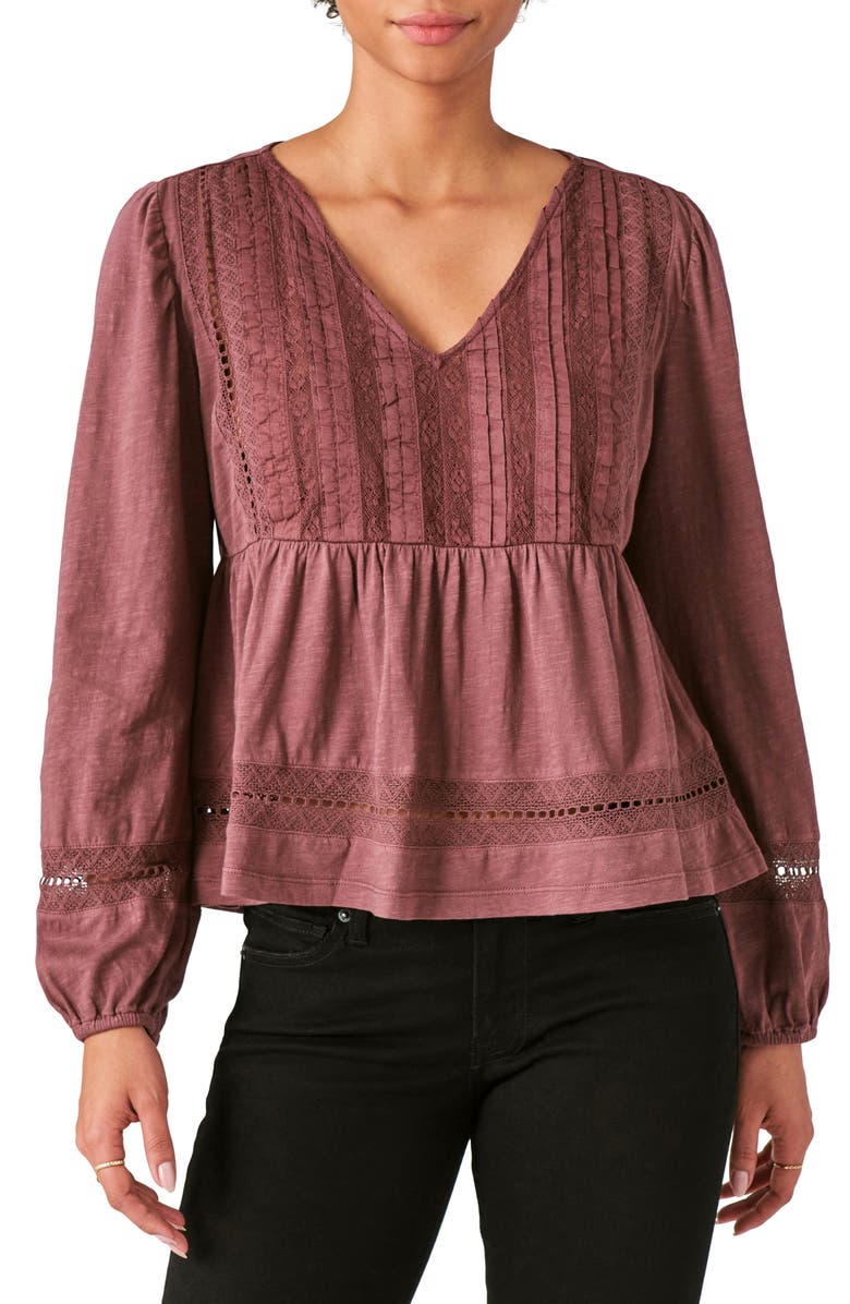 Lucky Brand Pintuck Lace Long Sleeve Cotton Blouse, Main, color, 