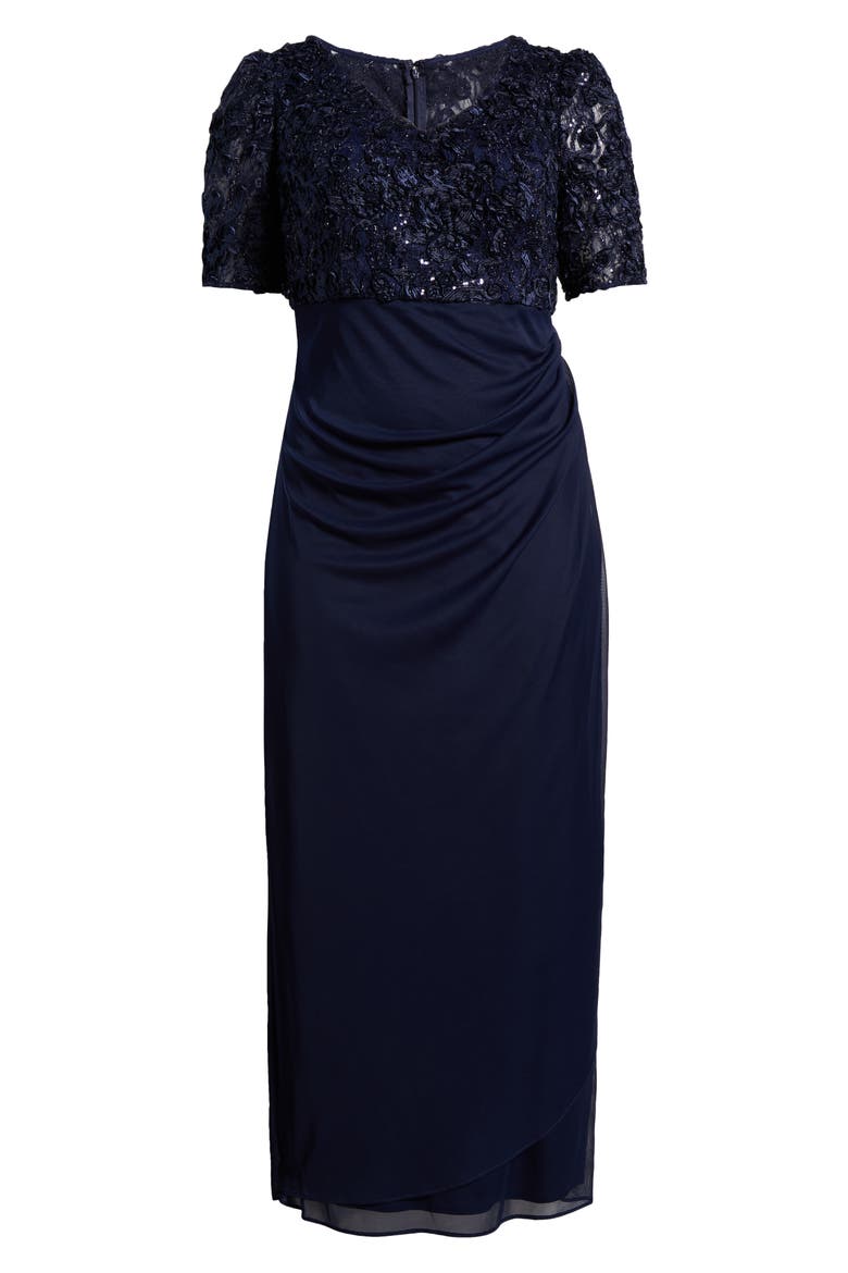Embellished Short Sleeve Empire Waist Gown, Alternate, color, NAVY