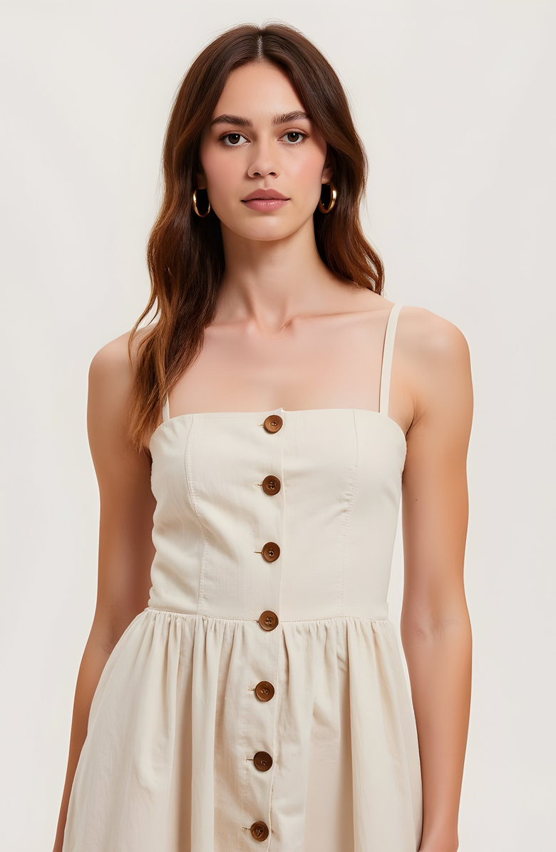 Modenaire Button Front Midi Dress with Spaghetti Straps and Side Pockets, Alternate, color, Ivory