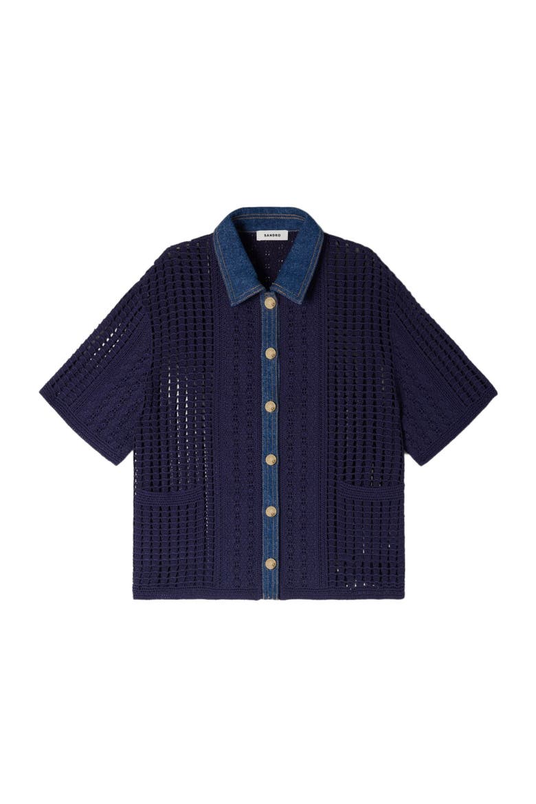 Crochet and denim cardigan, Alternate, color, Navy blue