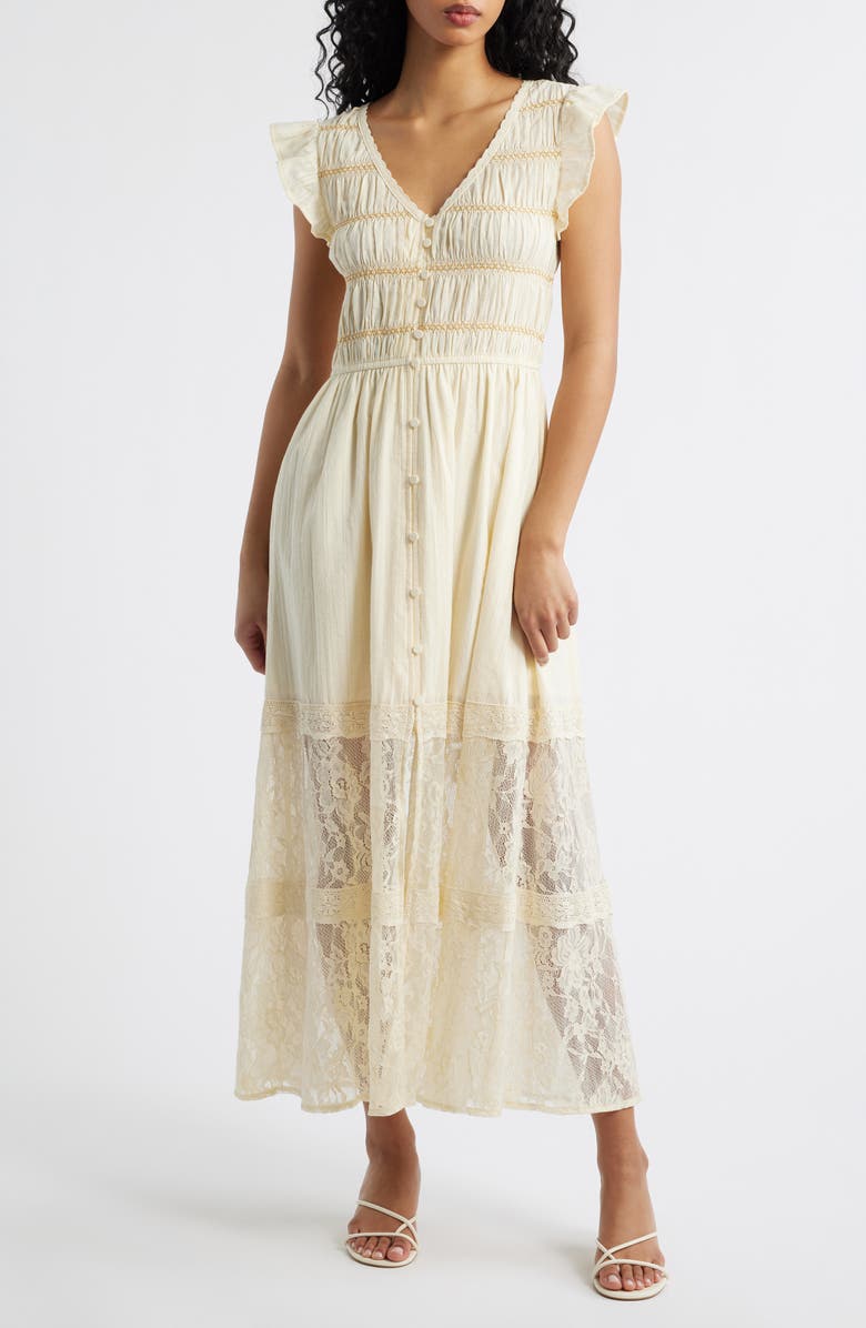 MOON RIVER Lace Embroidered Ruffle Sleeve Midi Dress, Main, color, Cream