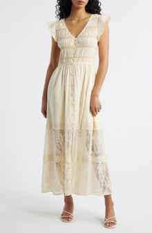 Lace Embroidered Ruffle Sleeve Midi Dress