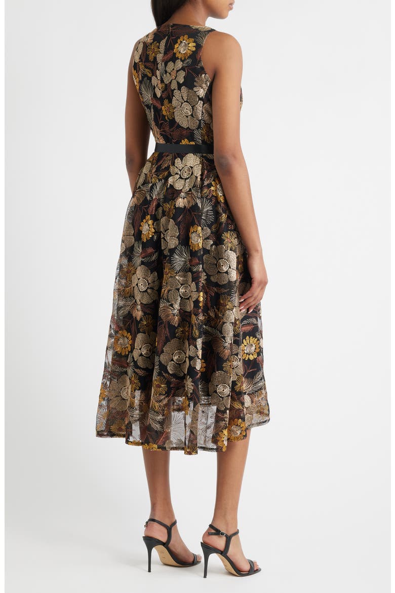 Embroidered Sleeveless Belted Midi Dress, Alternate, color, BROWN GOLD