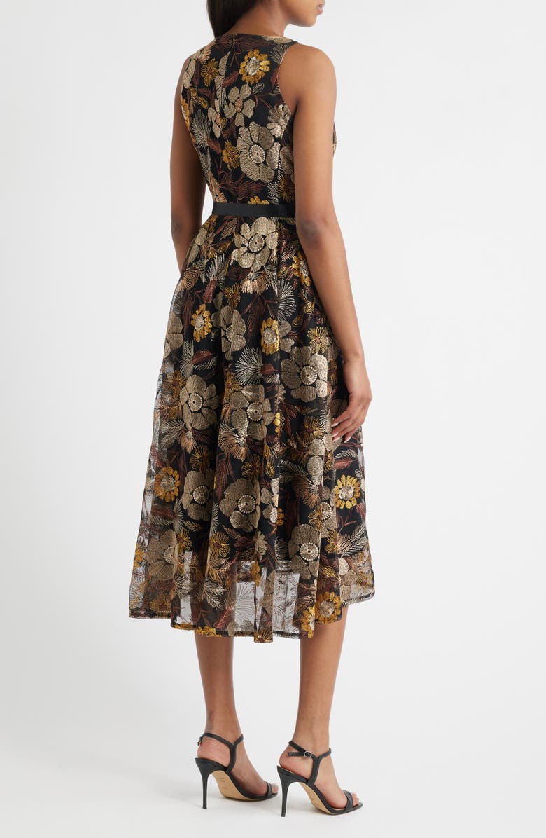 Tahari ASL Embroidered Tie Waist Sleeveless Midi Dress, Alternate, color, Brown Gold