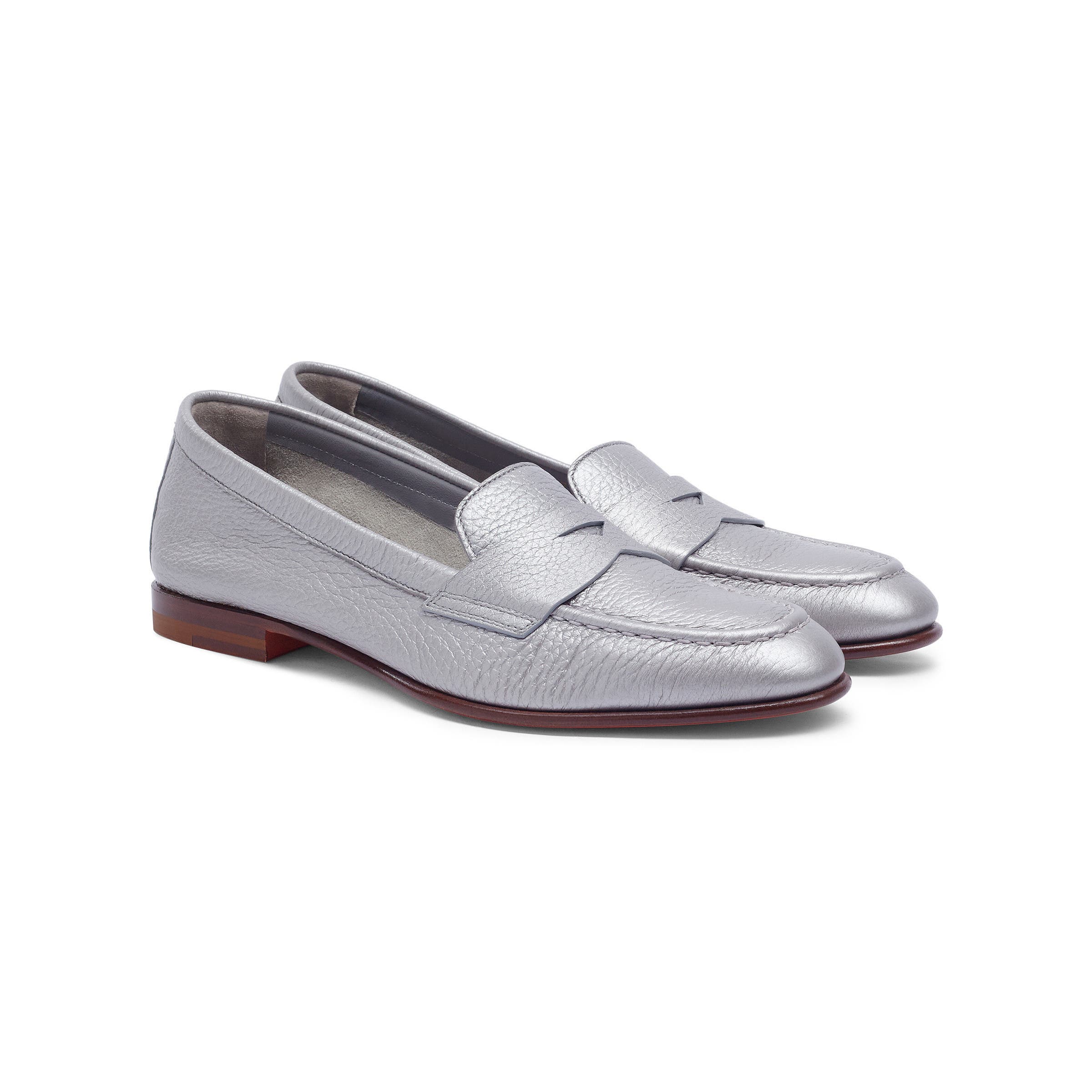 Santoni Women's Tumbled Leather Penny Loafer, Main, color, Silver