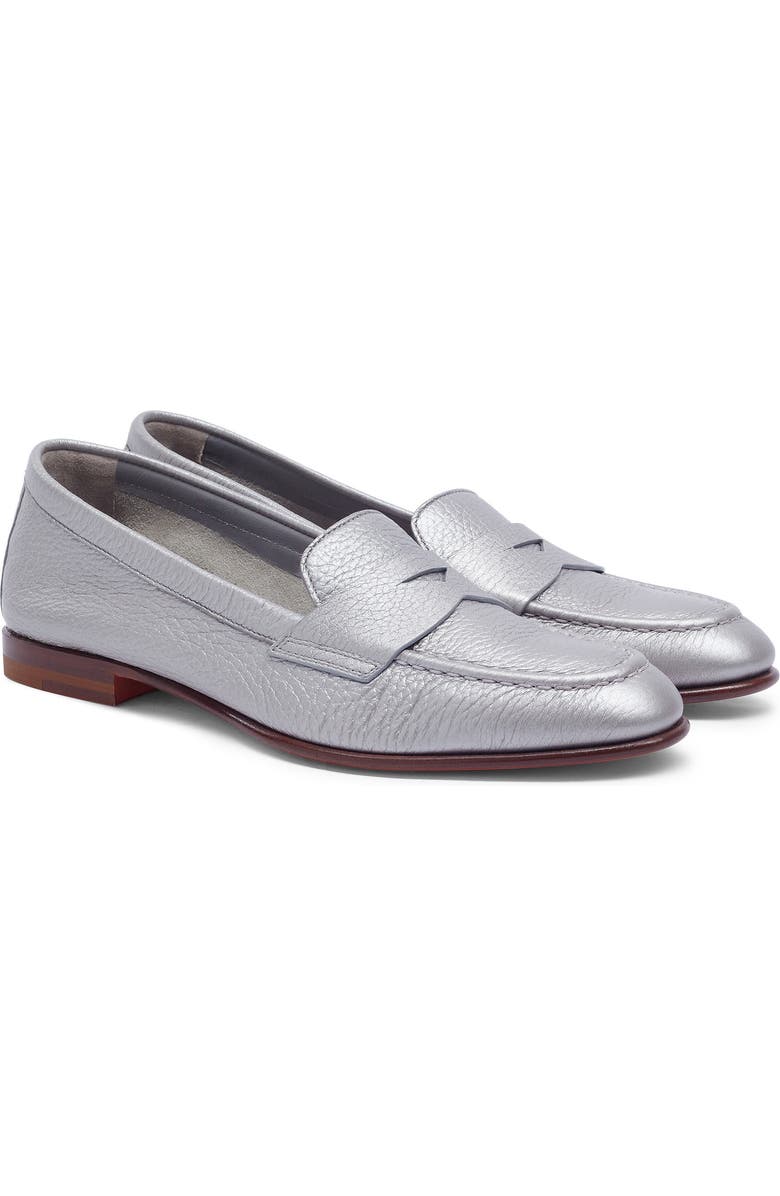 Santoni Women's Tumbled Leather Penny Loafer, Main, color, Silver