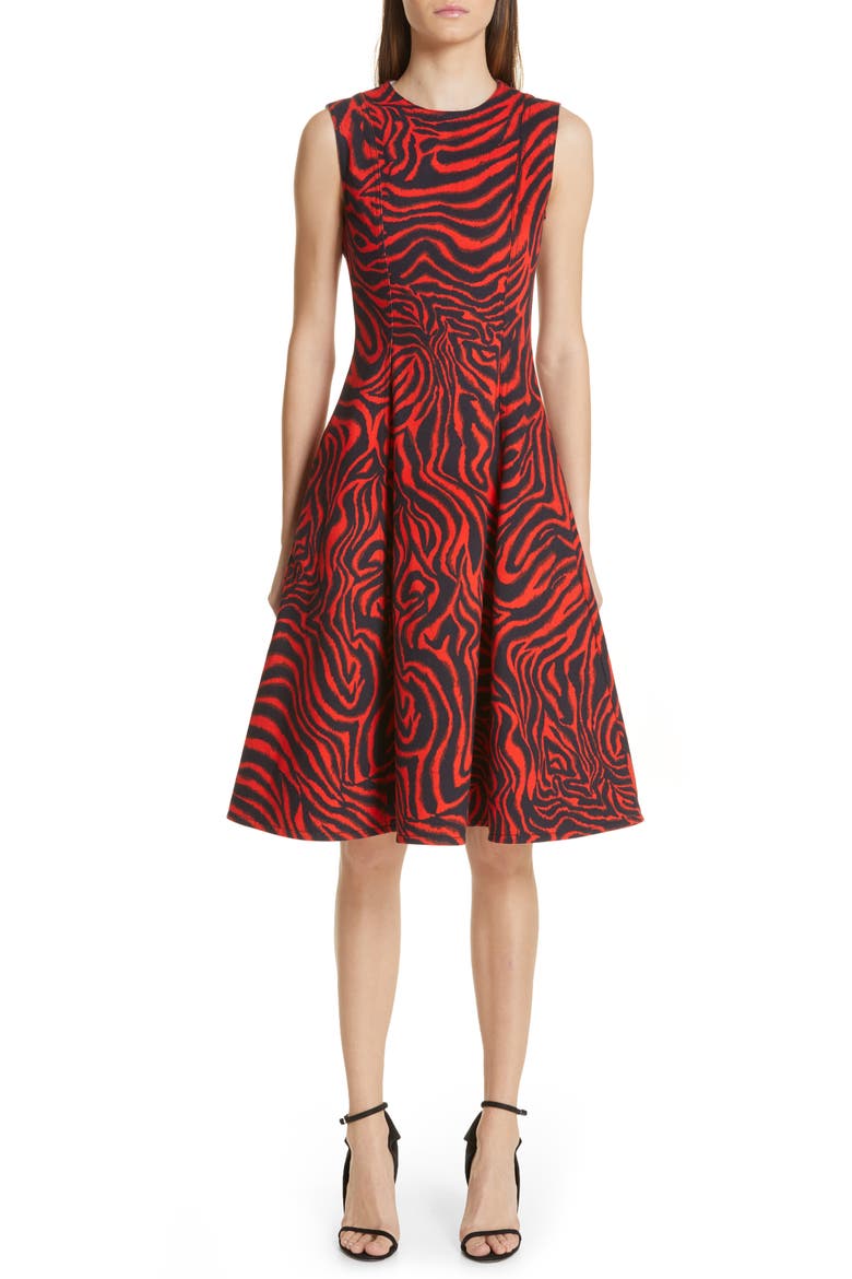 Zebra Print Denim A-Line Dress, Main, color, RED ZEBRA