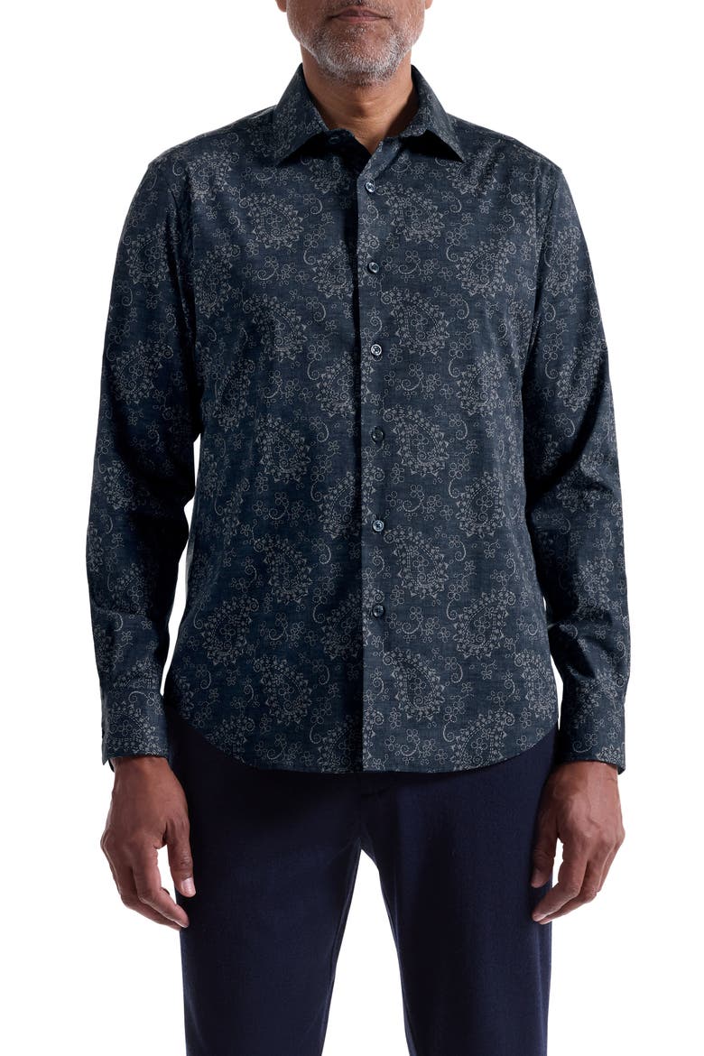 Axel Trim Fit Paisley Stretch Cotton Button-Up Shirt, Main, color, NAVY