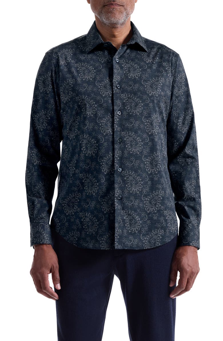 Bugatchi Axel Trim Fit Paisley Stretch Cotton Button-Up Shirt, Main, color, Navy