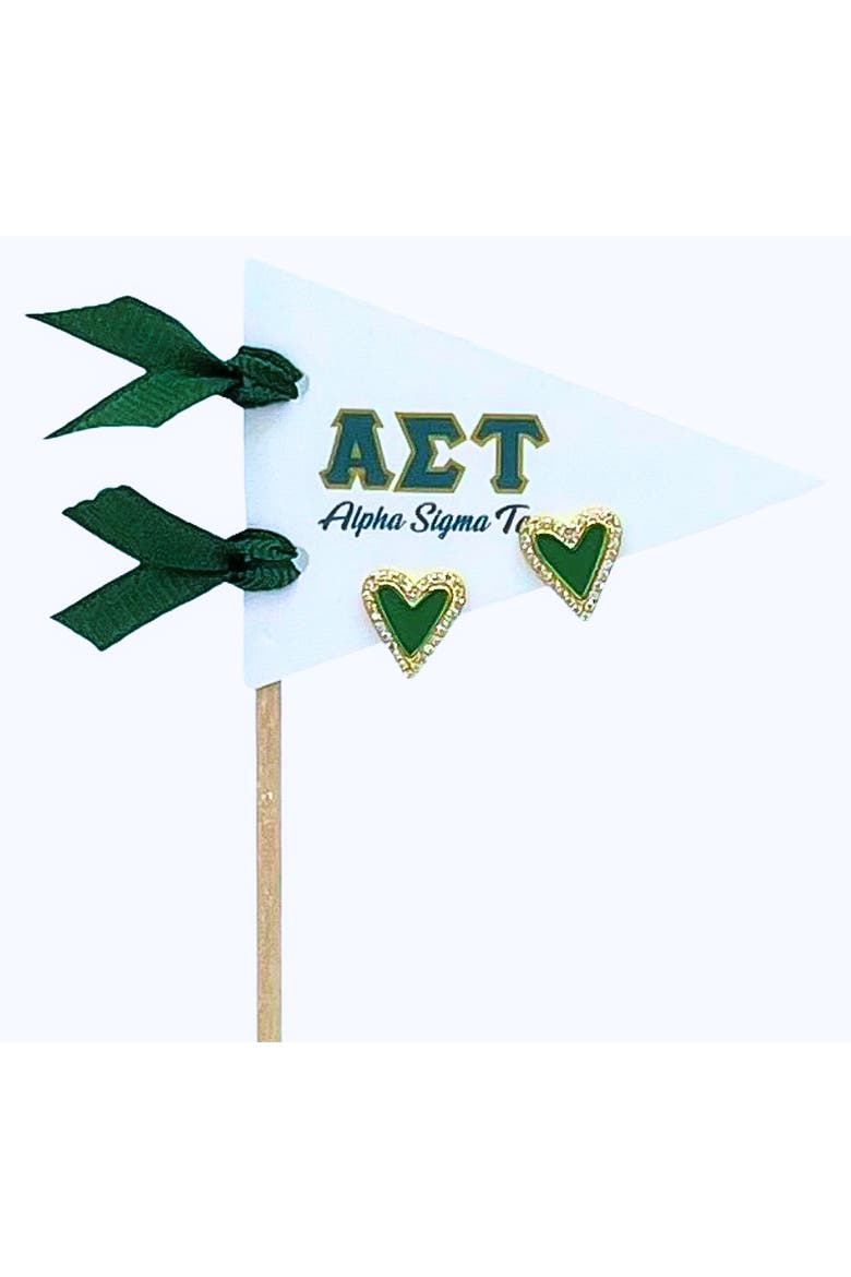 Alpha Sigma Tau Heart Stud Enamel Earrings on Sorority Pennant Flag, Main, color, Yellow Gold