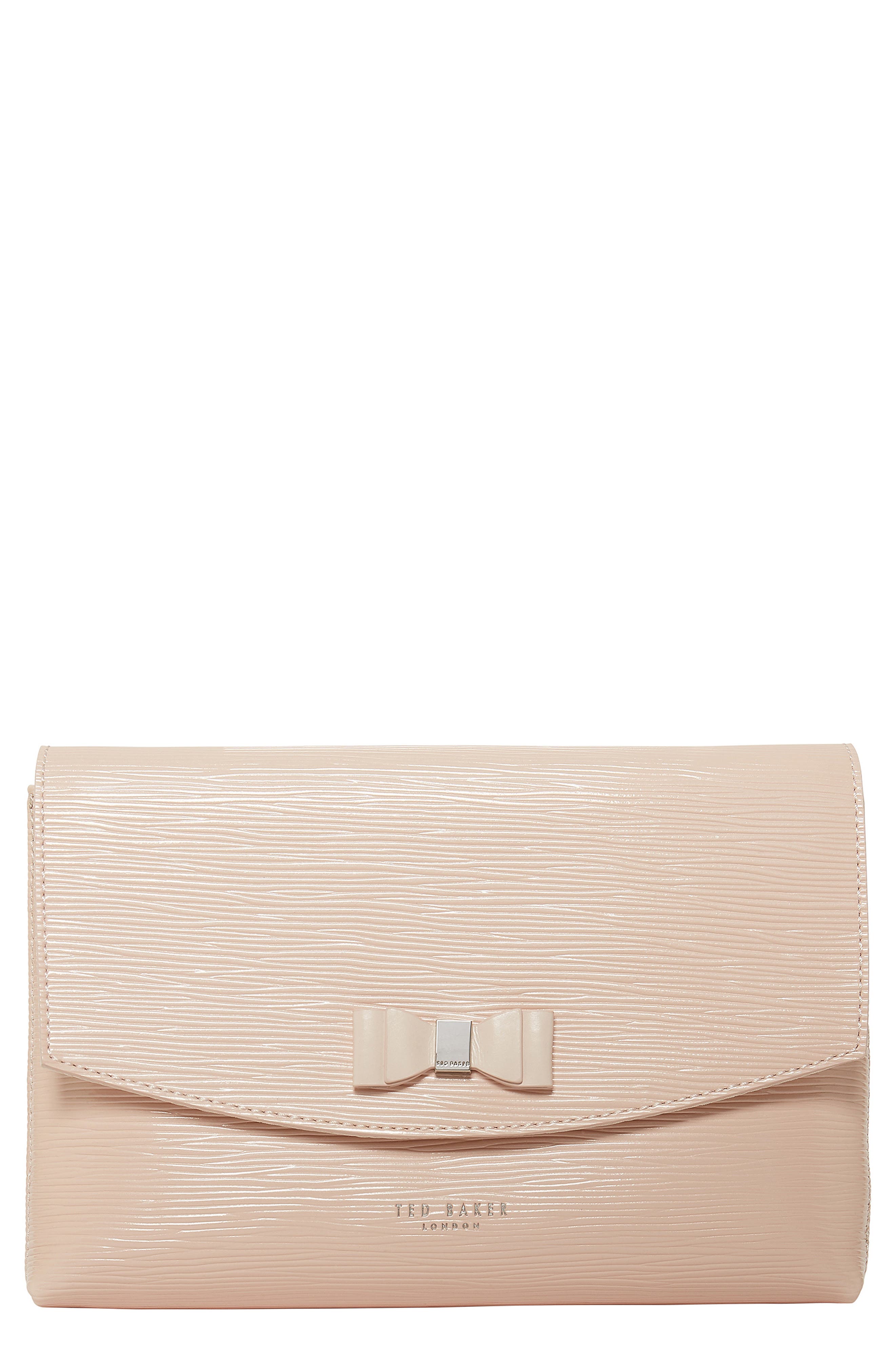 Divina Crinkled Leather Bow Clutch, Main, color, DUSKY PINK