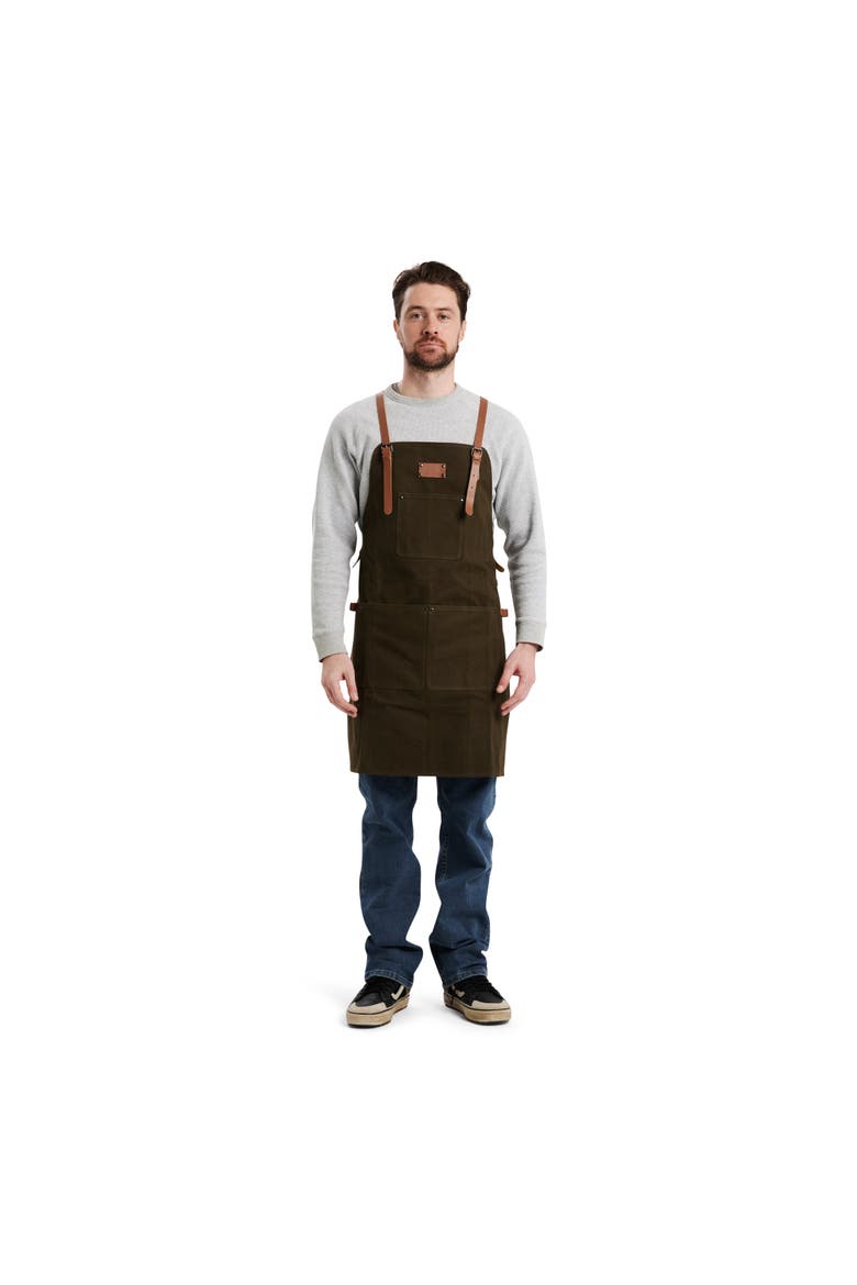 Waxed Canvas Work Apron with Leather Straps & Utility Pockets, Alternate, color, Olive Green